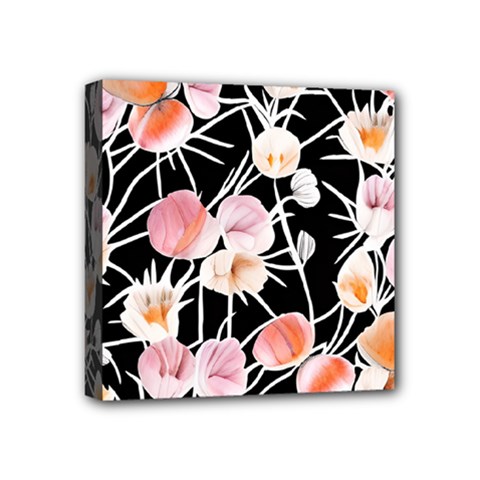 Boho Black Pink Flowers Watercolor Vi Mini Canvas 4  X 4  (stretched) by GardenOfOphir