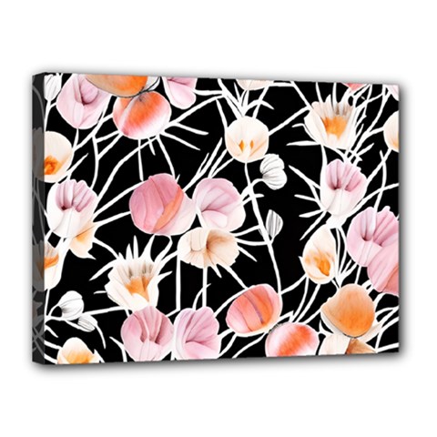 Boho Black Pink Flowers Watercolor Vi Canvas 16  X 12  (stretched) by GardenOfOphir