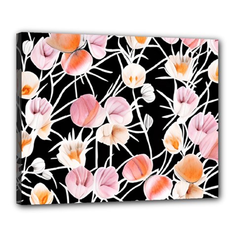 Boho Black Pink Flowers Watercolor Vi Canvas 20  X 16  (stretched) by GardenOfOphir