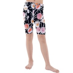 Boho Black Pink Flowers Watercolor Vi Kids  Mid Length Swim Shorts by GardenOfOphir