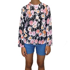 Boho Black Pink Flowers Watercolor Vi Kids  Long Sleeve Swimwear by GardenOfOphir