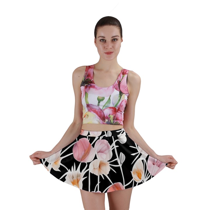 Boho Black Pink Flowers Watercolor VI Mini Skirt