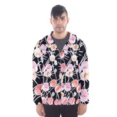 Boho Black Pink Flowers Watercolor Vi Men s Hooded Windbreaker by GardenOfOphir