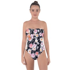 Boho Black Pink Flowers Watercolor Vi Tie Back One Piece Swimsuit by GardenOfOphir