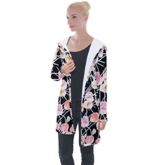 Boho Black Pink Flowers Watercolor Vi Longline Hooded Cardigan by GardenOfOphir