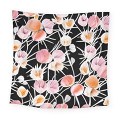 Boho Black Pink Flowers Watercolor Vi Square Tapestry (large) by GardenOfOphir