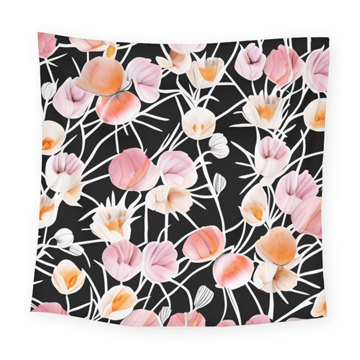 Boho Black Pink Flowers Watercolor VI Square Tapestry (Large)