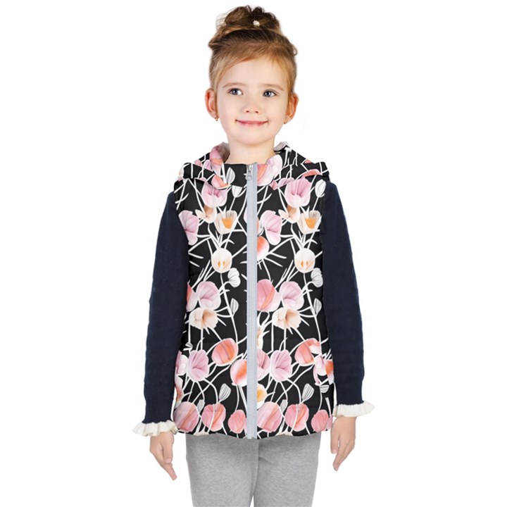 Boho Black Pink Flowers Watercolor VI Kids  Hooded Puffer Vest