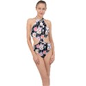 Boho Black Pink Flowers Watercolor VI Halter Side Cut Swimsuit View1