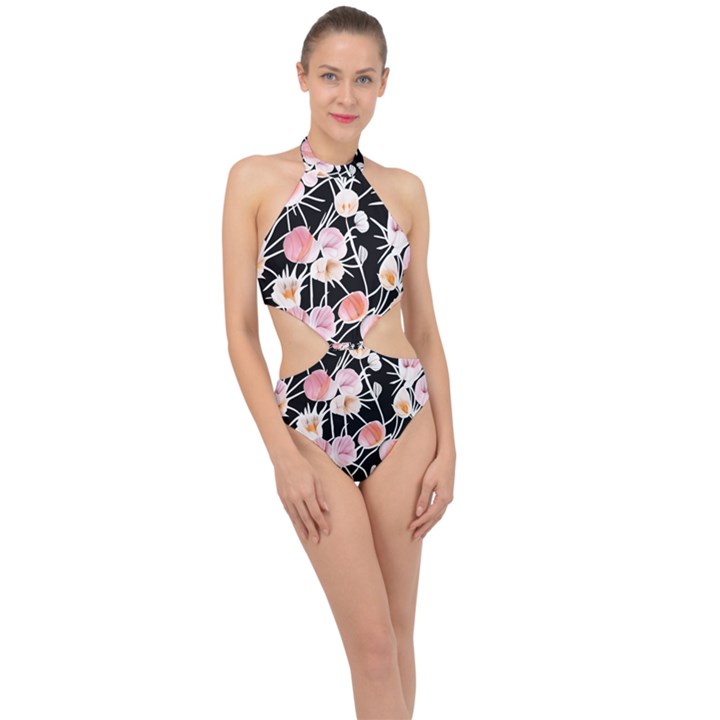 Boho Black Pink Flowers Watercolor VI Halter Side Cut Swimsuit