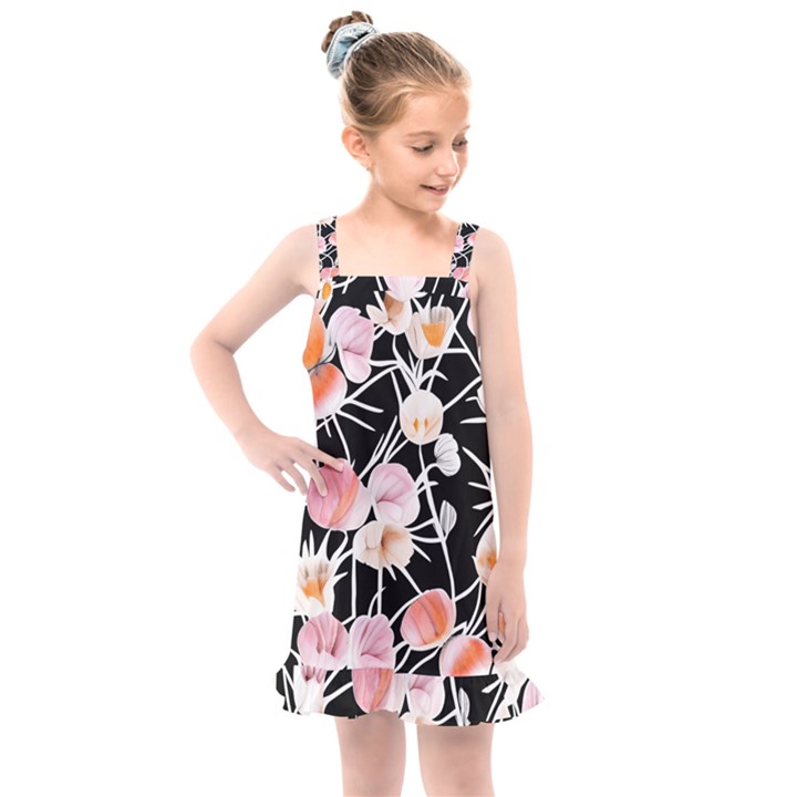 Boho Black Pink Flowers Watercolor VI Kids  Overall Dress