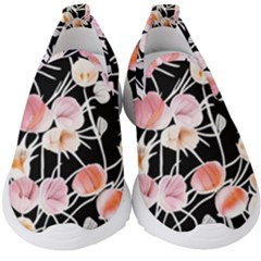 Boho Black Pink Flowers Watercolor Vi Kids  Slip On Sneakers by GardenOfOphir