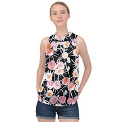 Boho Black Pink Flowers Watercolor Vi High Neck Satin Top