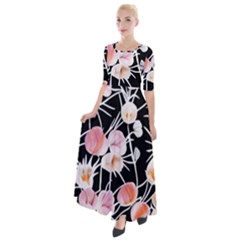 Boho Black Pink Flowers Watercolor Vi Half Sleeves Maxi Dress by GardenOfOphir