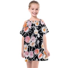 Boho Black Pink Flowers Watercolor Vi Kids  One Piece Chiffon Dress