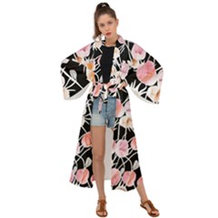 Boho Black Pink Flowers Watercolor Vi Maxi Kimono by GardenOfOphir