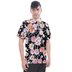 Boho Black Pink Flowers Watercolor Vi Men s Polo Tee by GardenOfOphir