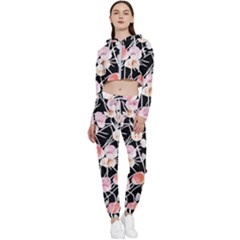 Boho Black Pink Flowers Watercolor Vi Cropped Zip Up Lounge Set by GardenOfOphir