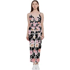 Boho Black Pink Flowers Watercolor Vi V-neck Spaghetti Strap Tie Front Jumpsuit by GardenOfOphir