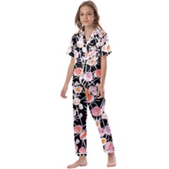 Boho Black Pink Flowers Watercolor Vi Kids  Satin Short Sleeve Pajamas Set by GardenOfOphir