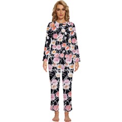 Boho Black Pink Flowers Watercolor Vi Womens  Long Sleeve Lightweight Pajamas Set by GardenOfOphir