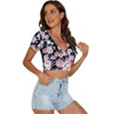 Boho Black Pink Flowers Watercolor VI V-Neck Crop Top View3