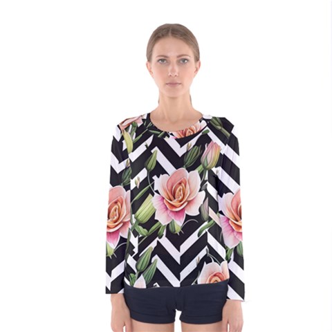 Black Chevron Peach Lilies Women s Long Sleeve Tee by GardenOfOphir