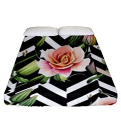 Black Chevron Peach Lilies Fitted Sheet (queen Size) by GardenOfOphir