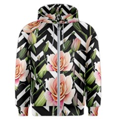 Black Chevron Peach Lilies Men s Zipper Hoodie by GardenOfOphir