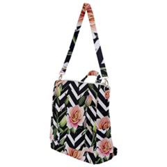 Black Chevron Peach Lilies Crossbody Backpack by GardenOfOphir