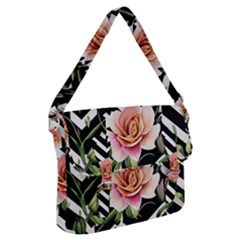 Black Chevron Peach Lilies Buckle Messenger Bag by GardenOfOphir