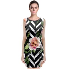 Black Chevron Peach Lilies Classic Sleeveless Midi Dress by GardenOfOphir