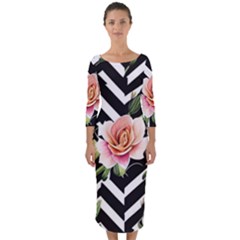 Black Chevron Peach Lilies Quarter Sleeve Midi Bodycon Dress by GardenOfOphir