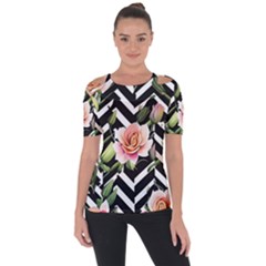 Black Chevron Peach Lilies Shoulder Cut Out Short Sleeve Top by GardenOfOphir