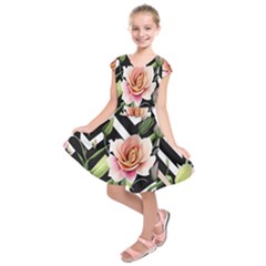 Black Chevron Peach Lilies Kids  Short Sleeve Dress by GardenOfOphir