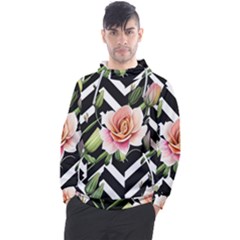 Black Chevron Peach Lilies Men s Pullover Hoodie by GardenOfOphir