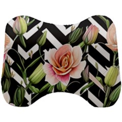 Black Chevron Peach Lilies Head Support Cushion by GardenOfOphir