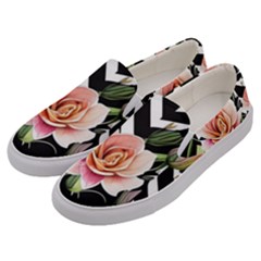 Black Chevron Peach Lilies Men s Canvas Slip Ons by GardenOfOphir