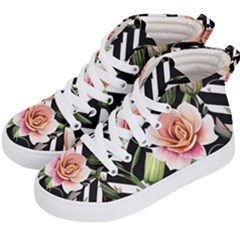 Black Chevron Peach Lilies Kids  Hi-top Skate Sneakers by GardenOfOphir