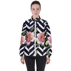 Black Chevron Peach Lilies Women s High Neck Windbreaker by GardenOfOphir