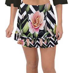 Black Chevron Peach Lilies Fishtail Mini Chiffon Skirt by GardenOfOphir