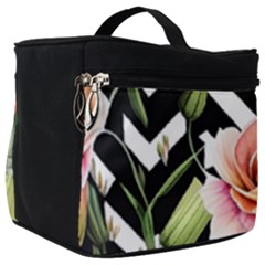 Black Chevron Peach Lilies Make Up Travel Bag (big) by GardenOfOphir