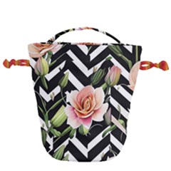 Black Chevron Peach Lilies Drawstring Bucket Bag by GardenOfOphir