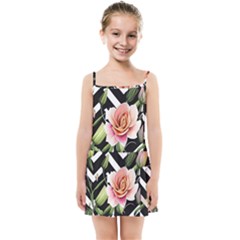 Black Chevron Peach Lilies Kids  Summer Sun Dress by GardenOfOphir