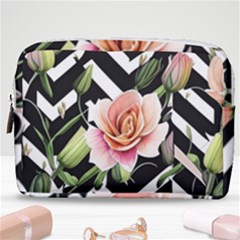 Black Chevron Peach Lilies Make Up Pouch (medium) by GardenOfOphir