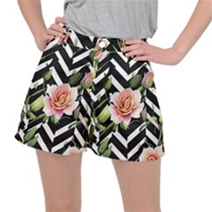 Black Chevron Peach Lilies Ripstop Shorts by GardenOfOphir