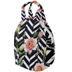 Black Chevron Peach Lilies Travel Backpacks by GardenOfOphir