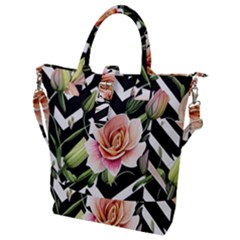 Black Chevron Peach Lilies Buckle Top Tote Bag by GardenOfOphir