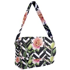 Black Chevron Peach Lilies Courier Bag by GardenOfOphir