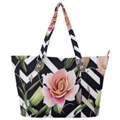 Black Chevron Peach Lilies Full Print Shoulder Bag by GardenOfOphir